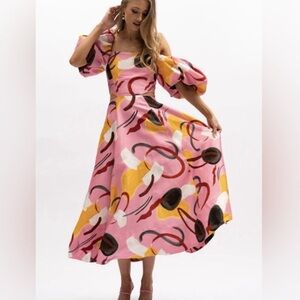 Anthropologie Aureta Studio Printed Puff-Sleeve Cutout Dress Size Med